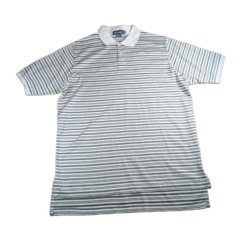 Polo Golf Ralph Lauren Men's XL White Gray Striped Pima Cotton Golf Polo Shirt
